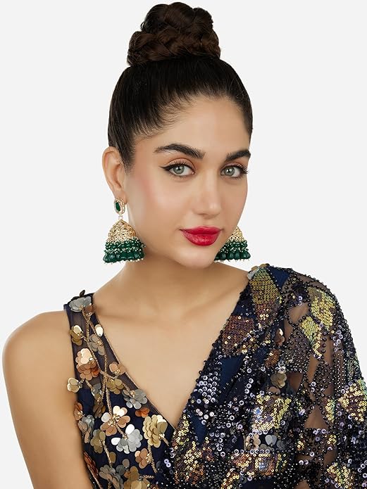 Green Stone Cluster Statement Jhumka Earrings