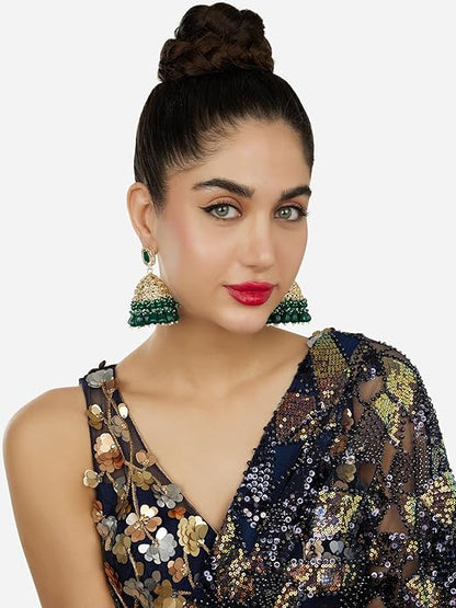 Green Stone Cluster Statement Jhumka Earrings