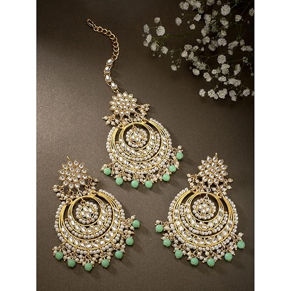 Mang Tikka for Women in Traditional Rhodium Kundan & Pearl Earring Set Design