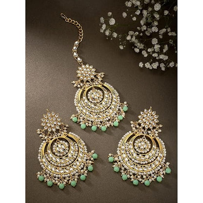 Mang Tikka for Women in Traditional Rhodium Kundan & Pearl Earring Set Design