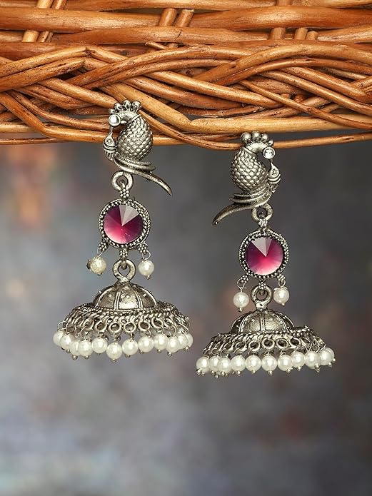 Purple Peacock Oxidised Jhumka Earrings