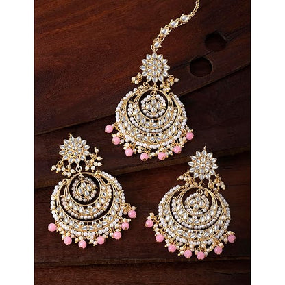 Mang Tikka for Women in Traditional Rhodium Kundan & Pearl Earring Set Design