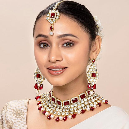 Crystal Choker Necklace with Maang Tikka and Earrings Indian Traditional Bridal Wedding Jewellery Set for Women