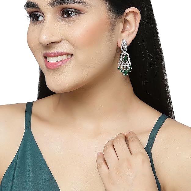 American Diamond Oval Leaf Drop Earrings