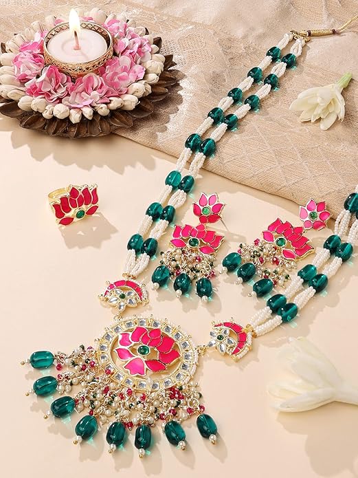 Lotus Flower Necklace Green Pink Meenakari Set