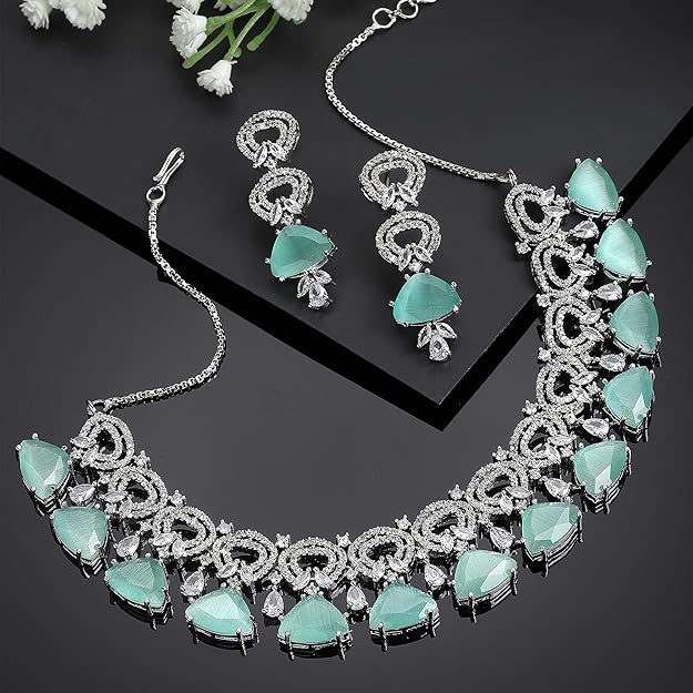 AD Necklace Set in Rhodium Plated Silver Toned Red and White American Diamond Studded Choker Necklace with Drop Earrings