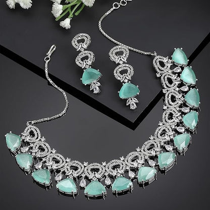 AD Necklace Set in Rhodium Plated Silver Toned Red and White American Diamond Studded Choker Necklace with Drop Earrings