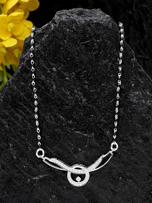 Mangalsutra Pendant in 925 Sterling Silver Contemporary Stone Studded Design with Chain and Earrings