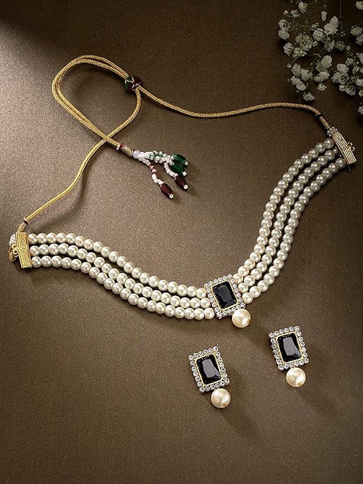 Pearl Choker Necklace in Gold Plated Traditional Stone and Pearl Choker Necklace Jewellery Set for Women
