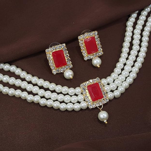 Pearl Choker Necklace in Gold Plated Traditional Stone and Pearl Choker Necklace Jewellery Set for Women