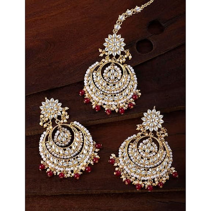 Mang Tikka for Women in Traditional Rhodium Kundan & Pearl Earring Set Design