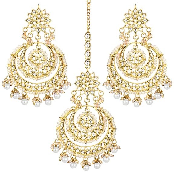 Mang Tikka for Women in Traditional Rhodium Kundan & Pearl Earring Set Design