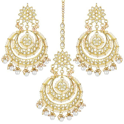 Mang Tikka for Women in Traditional Rhodium Kundan & Pearl Earring Set Design