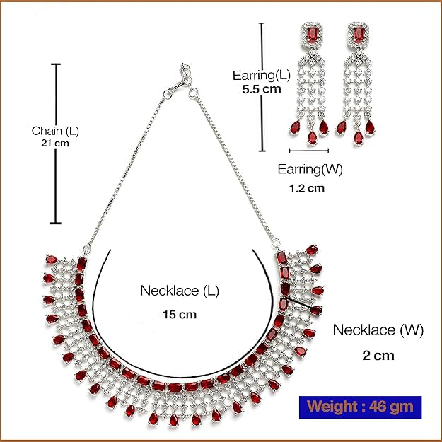 Jewelry set with necklace and earrings, including measurements and brand name 'Desi Dazzling'.