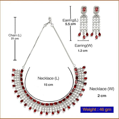 Jewelry set with necklace and earrings, including measurements and brand name 'Desi Dazzling'.