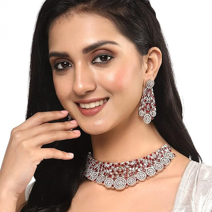 American Diamond Necklace Set in Rhodium Plated Silver Toned AD Choker Necklace with Earrings Jewellery Set for Women and Girls