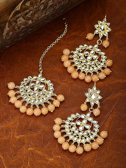 Bridal Mang Tika in Gold Plated Pearl and Kundan Studded Earring Set