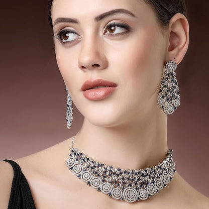 American Diamond Necklace Set in Rhodium Plated Silver Toned AD Choker Necklace with Earrings Jewellery Set for Women and Girls