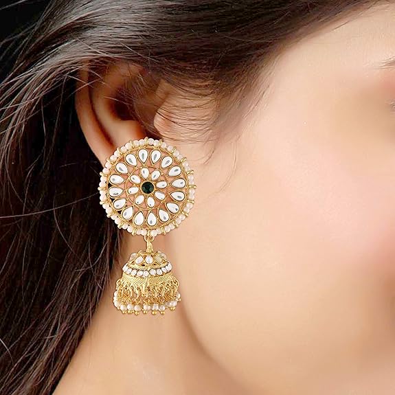 Green Mang Tika in Gold Plated Antique Finish Kundan & Pearl Jhumka Earring Set