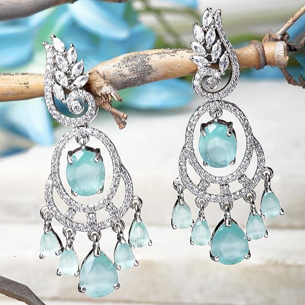 American Diamond Oval Leaf Drop Earrings