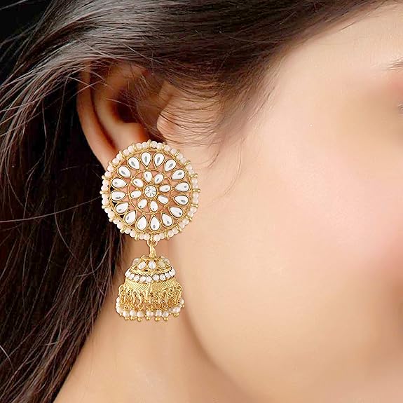 Green Mang Tika in Gold Plated Antique Finish Kundan & Pearl Jhumka Earring Set