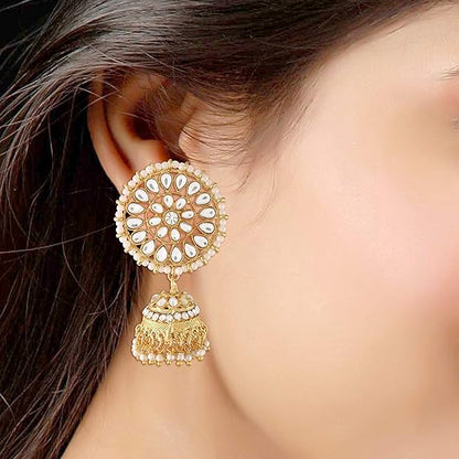 Green Mang Tika in Gold Plated Antique Finish Kundan & Pearl Jhumka Earring Set
