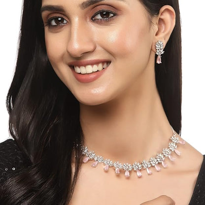 American Diamond Sets in Rhodium Plated Silver Toned Teardrop Shaped AD Studded Necklace and Earrings Jewellery Set