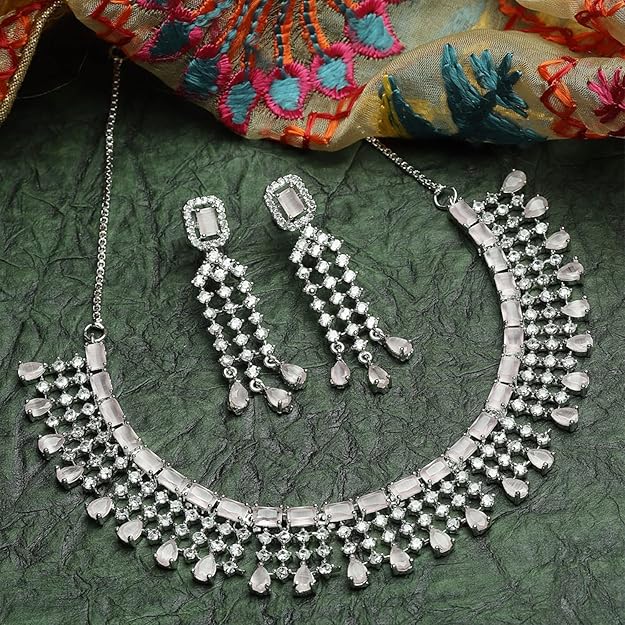 American Diamond Choker Set in Floral Design AD Studded Choker Necklace with Earrings for Women and Girls
