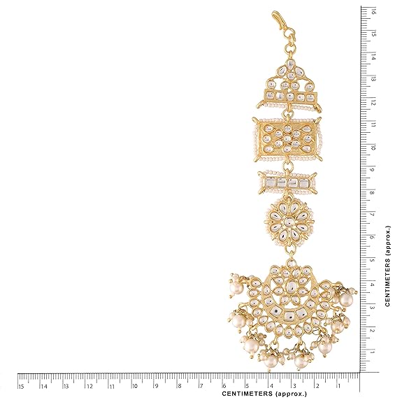 Rajasthani Mang Tikka in Gold Plated Matte Finish Kundan & Faux Pearl Chandbali Earring Set