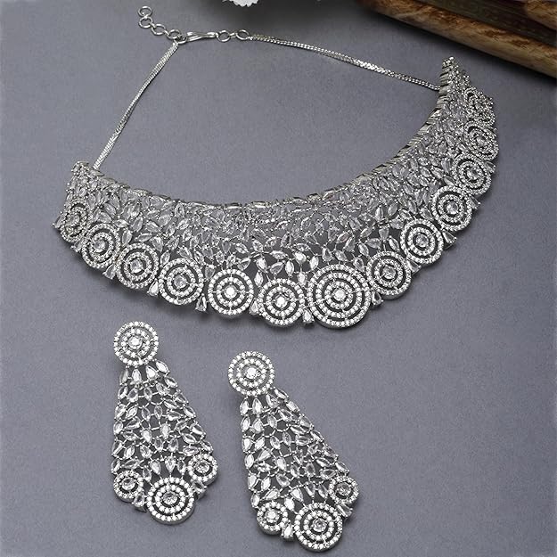 American Diamond Necklace Set in Rhodium Plated Silver Toned AD Choker Necklace with Earrings Jewellery Set for Women and Girls
