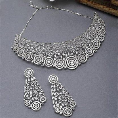 American Diamond Necklace Set in Rhodium Plated Silver Toned AD Choker Necklace with Earrings Jewellery Set for Women and Girls
