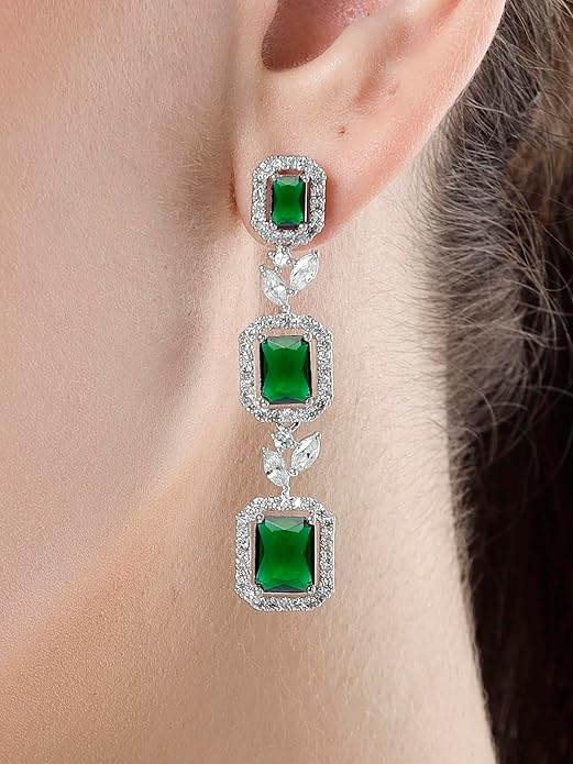 Green And White American Diamond Drop Earrings