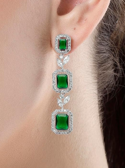 Green And White American Diamond Drop Earrings