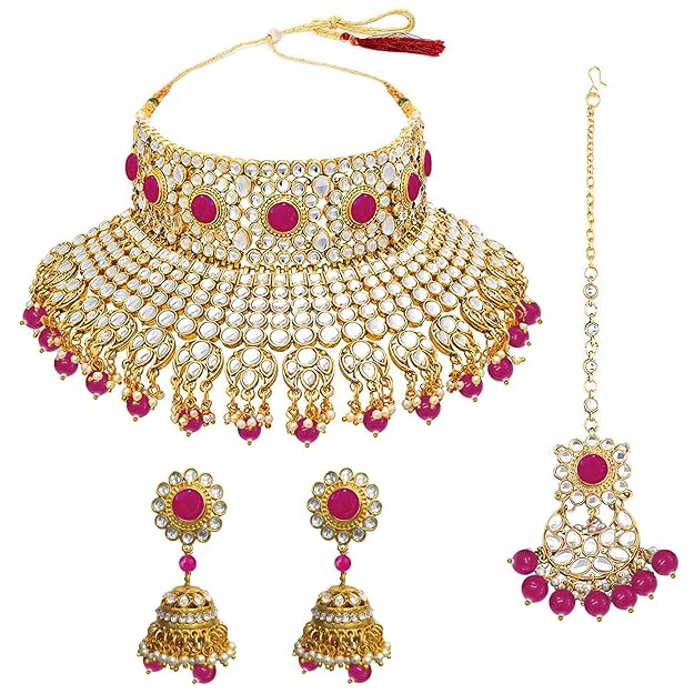 Bridal Necklace and Earring Set in Traditional Kundan Pearl Studded Bridal Choker with Earrings and Maang Tikka Jewellery Set for Women