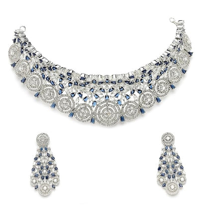 American Diamond Necklace Set in Rhodium Plated Silver Toned AD Choker Necklace with Earrings Jewellery Set for Women and Girls
