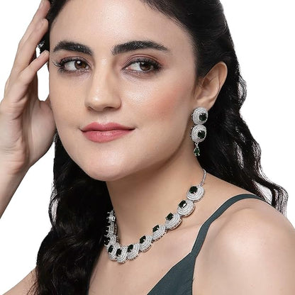 AD Set Jewellery in Rhodium Plated Silver Toned Triangular Shaped American Diamond Studded Jewellery Set