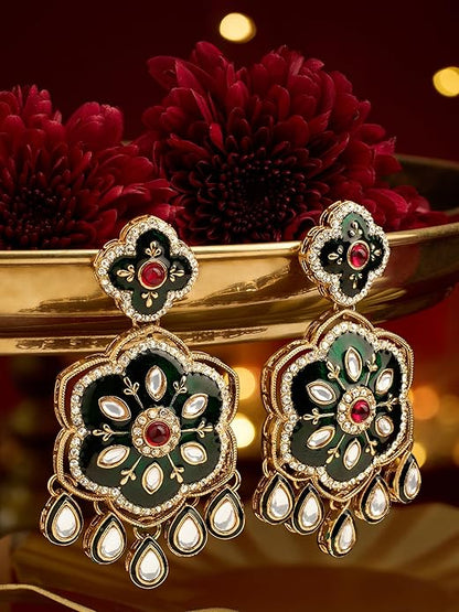 Green Meenakari Pink Stone Pearl Dangler Earrings