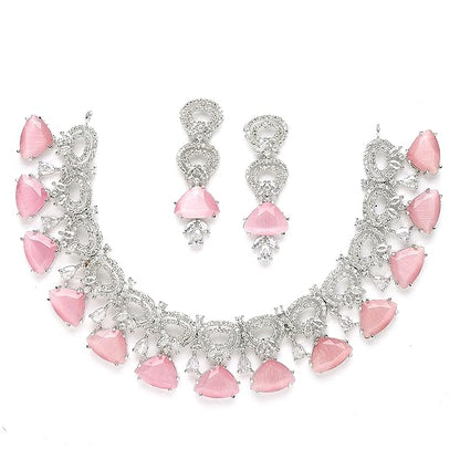 AD Necklace Set in Rhodium Plated Silver Toned Red and White American Diamond Studded Choker Necklace with Drop Earrings