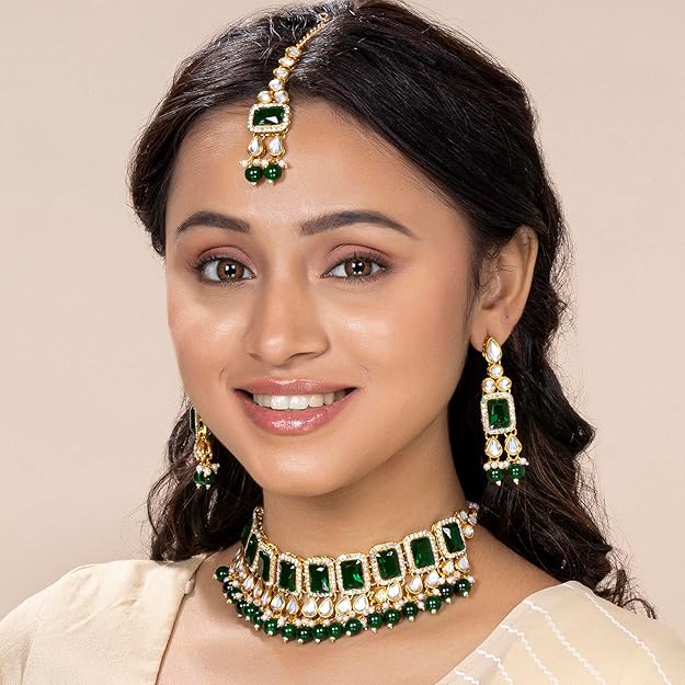 Crystal Collar Necklace in Faux Pearl and Kundan Style Necklace Jewellery Set for Women