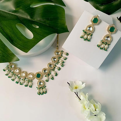 Indian Choker Necklace in Gold Plated Traditional Pearl Kundan and Stone Studded Jewellery Necklace Set for Women