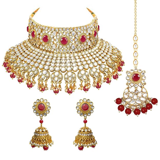 Bridal Necklace and Earring Set in Traditional Kundan Pearl Studded Bridal Choker with Earrings and Maang Tikka Jewellery Set for Women