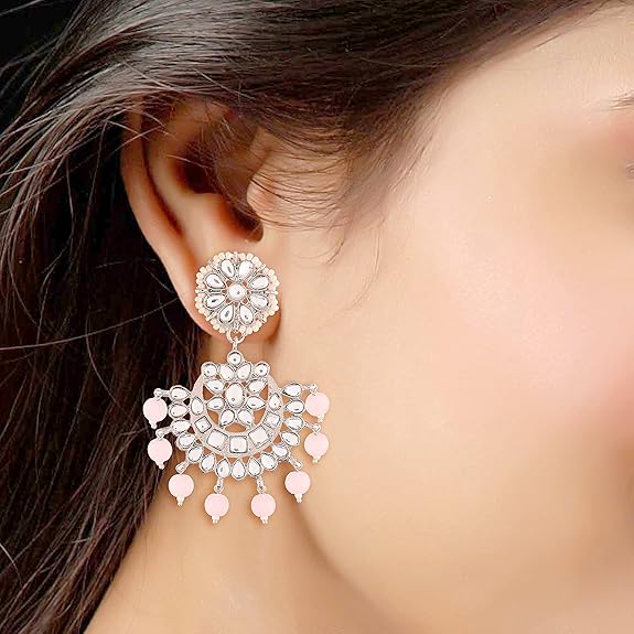 Traditional Earrings India in Rhodium Plated Kundan & Faux Pearl Chandbali Maang Tikka Set