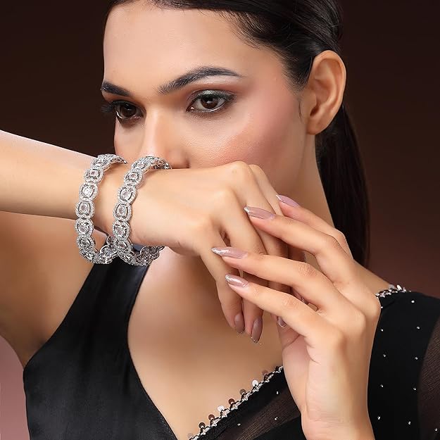 AD Bangles Rhodium Plated Silver White Set of 2