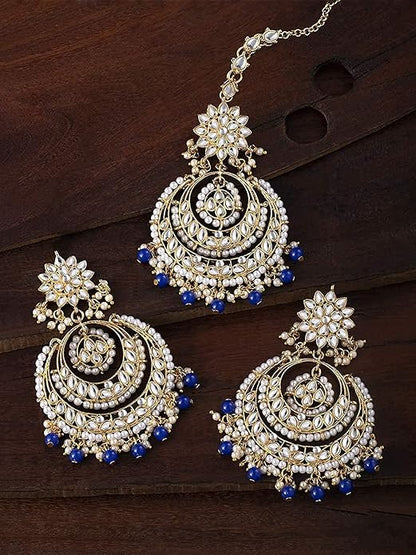 Pearl Necklace and Earring Set in Gold Plated Kundan Chandbali Design with Maang Tikka
