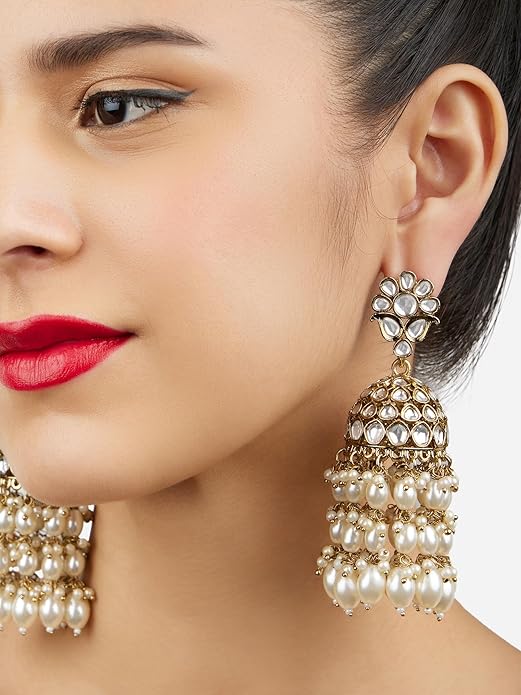 Gold Pearl Dangle Earrings in Gold Tone Kundan and Cluster Pearl Jhumka Design