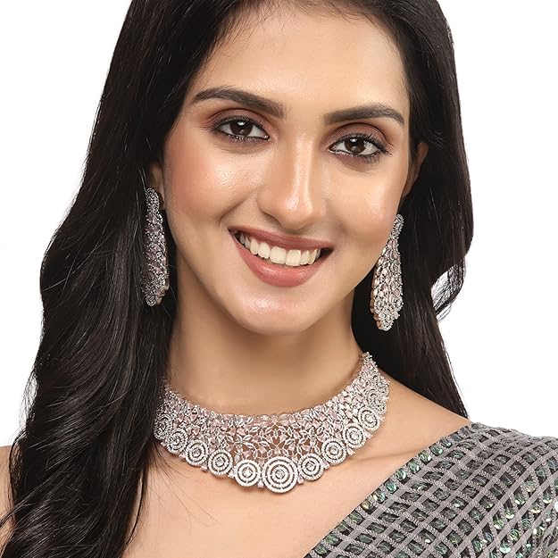 American Diamond Necklace Set in Rhodium Plated Silver Toned AD Choker Necklace with Earrings Jewellery Set for Women and Girls
