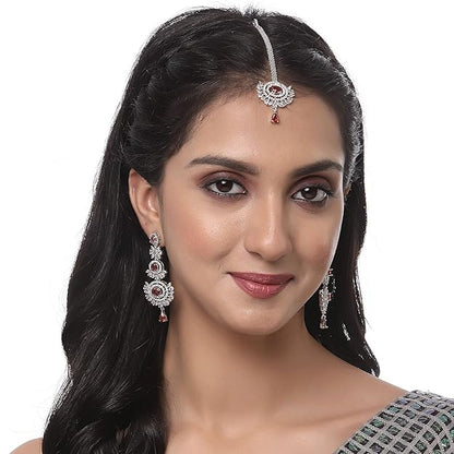 Diamond Mang Tikka in Rose Gold Plated American Diamond Studded Maang Tikka & Earrings Jewellery Set