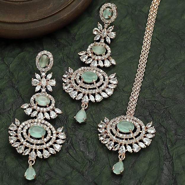 Diamond Mang Tikka in Rose Gold Plated American Diamond Studded Maang Tikka & Earrings Jewellery Set