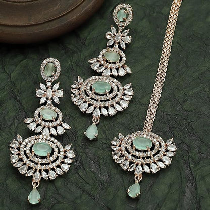 Diamond Mang Tikka in Rose Gold Plated American Diamond Studded Maang Tikka & Earrings Jewellery Set