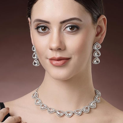 American Diamond Indian Jewellery in Rhodium Plated Silver Toned Triangular Shaped AD Studded Jewellery Set for Women and Girls